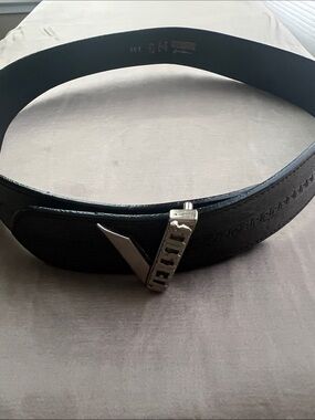 Vintage Versus By Versace Black Leather Belt with Silver V Engraved Logo Buckle